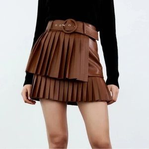 NEW NWT ZARA faux vegan leather pleated mini skirt brown sz Medium 3046 328 776
